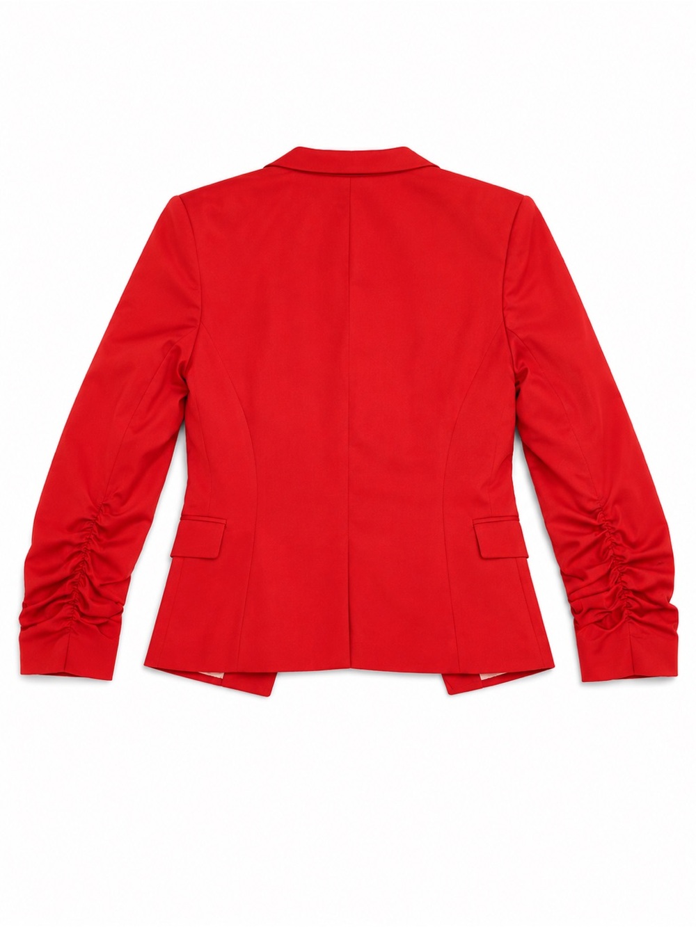 Bebe Fiery Red Cropped Open Front Blazer Ruched Sleeve Size 8 - Picture 2 of 5